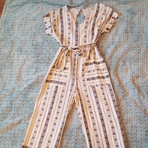 Blue and cream striped jumpsuit with keyhole back